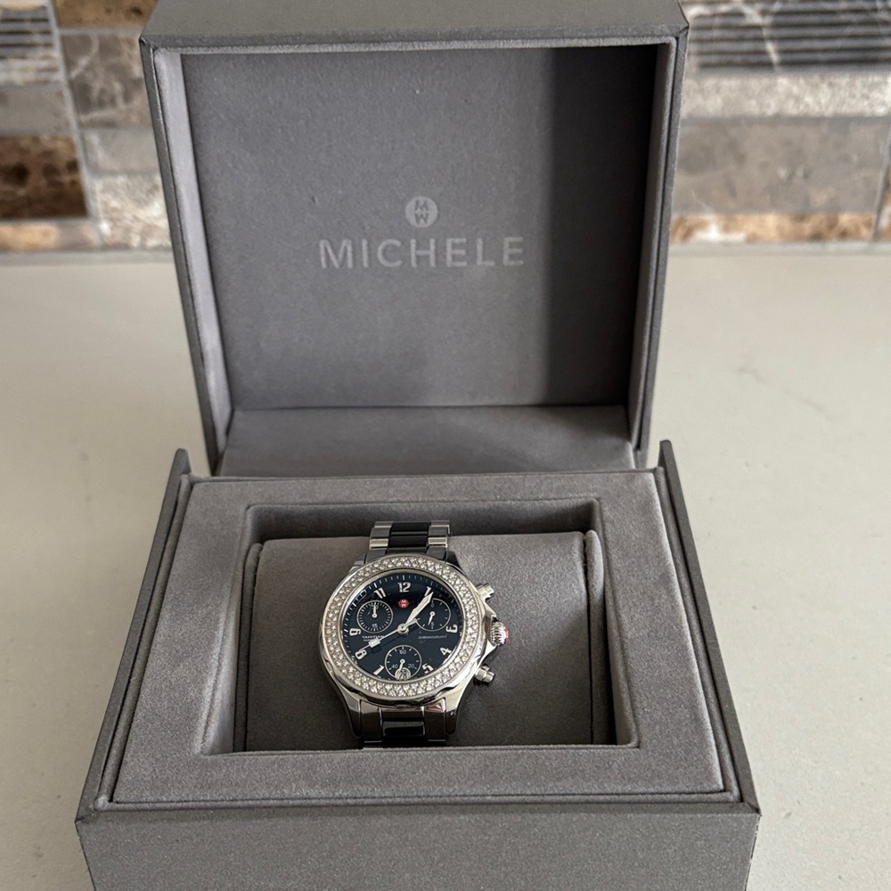 FREE SHIPPING Michele Tahitian 35mm ceramic black diamond ladies watch